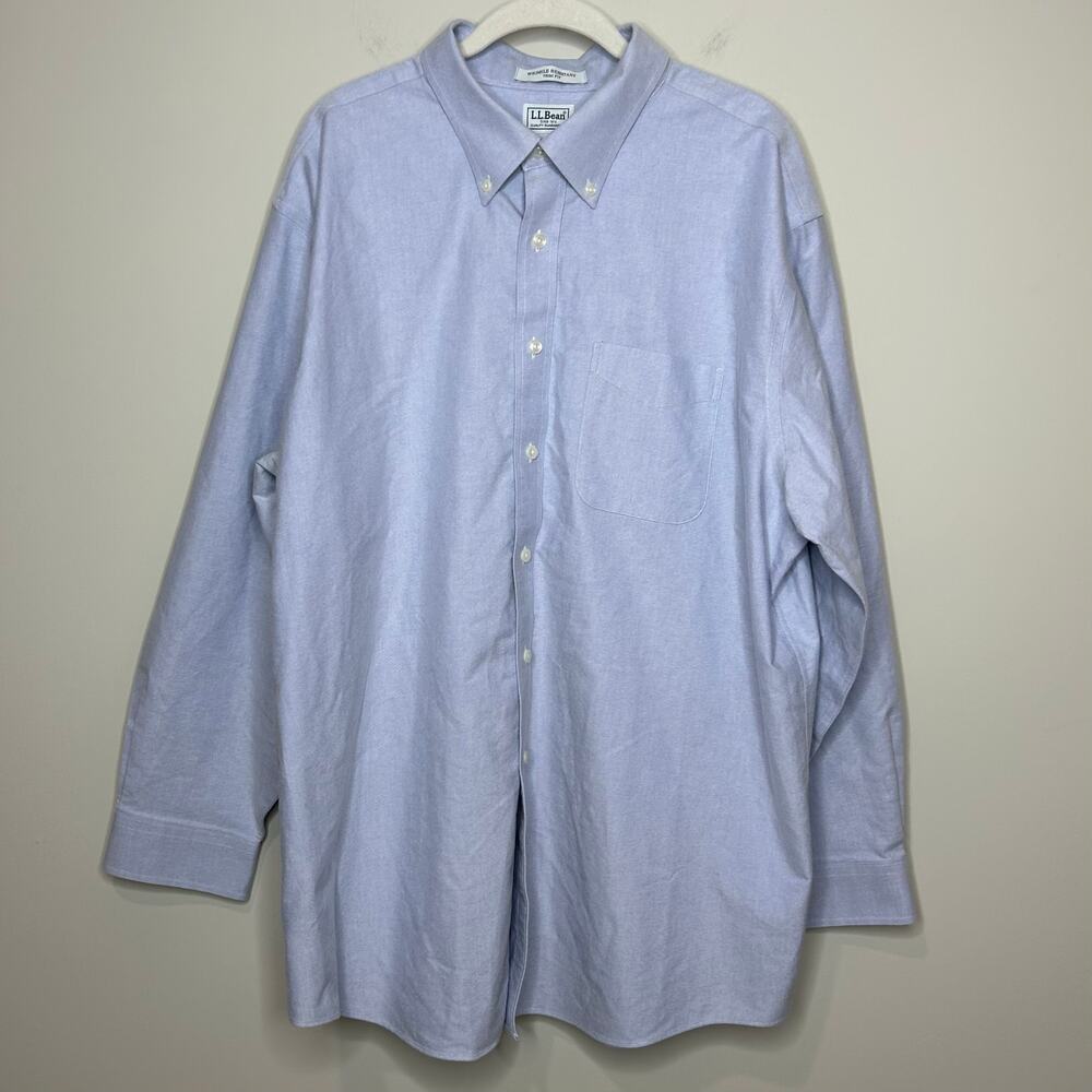 L.L. Bean Wrinkle Resistant Blue Button Down Shirt 18-34 Trim Fit 100% Cotton